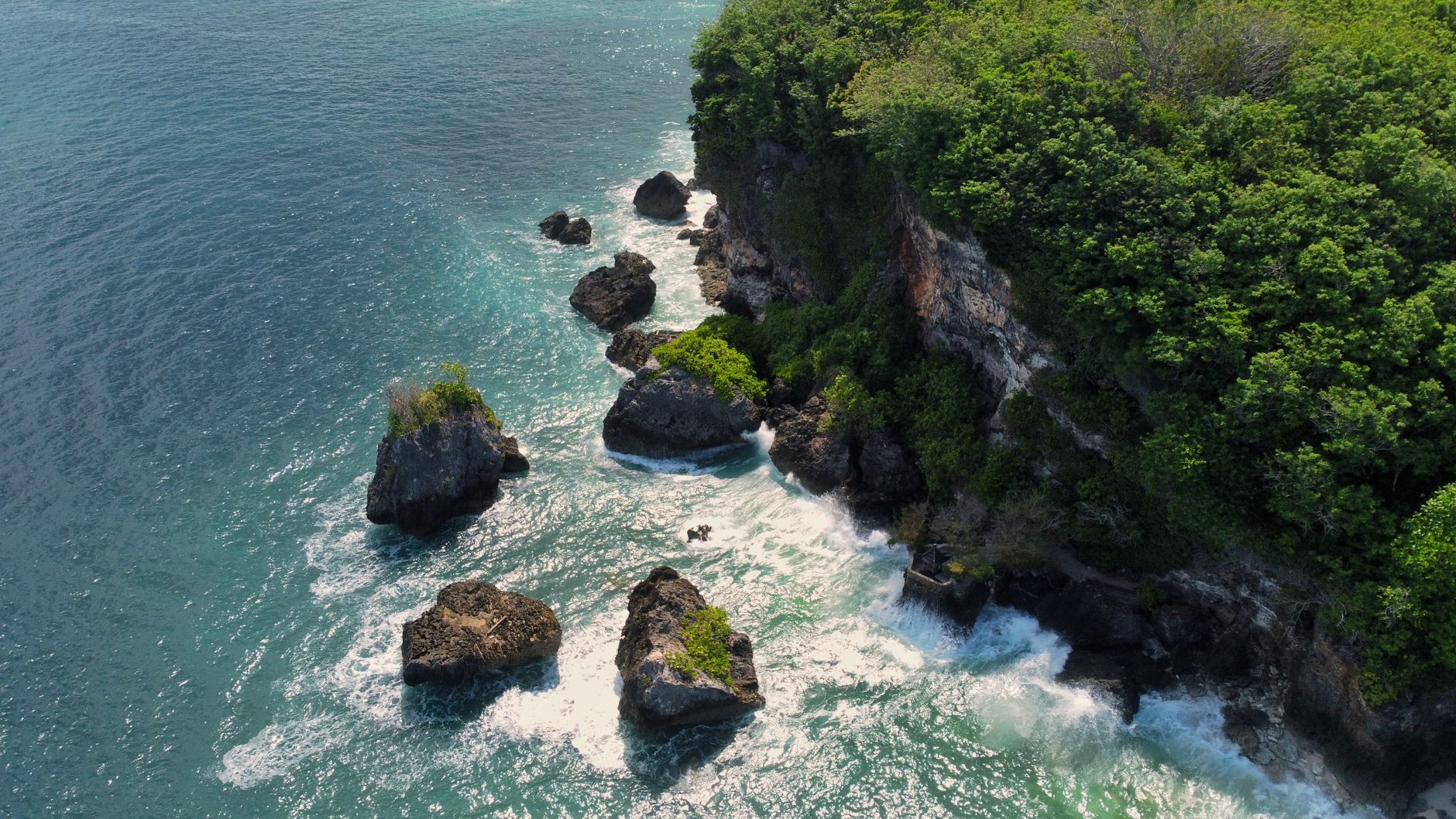 aerial view of rocky coastline in bali indonesia